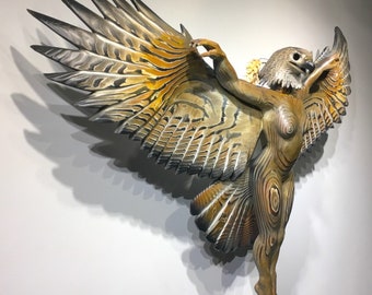 Raven Chandelier wood sculpture by Jason Tennant, Hand carved woodcarving and steel Raven Chandelier wood sculpture by Jason Tennant, Hand carved woodcarving and steel