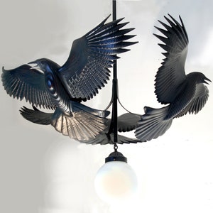 Raven Chandelier wood sculpture by Jason Tennant, Hand carved woodcarving and steel