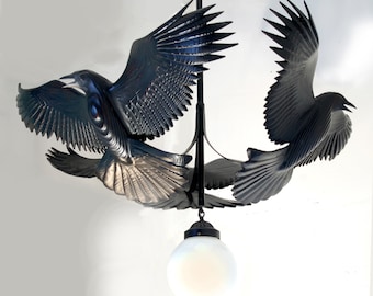 Raven Chandelier wood sculpture by Jason Tennant, Hand carved woodcarving and steel