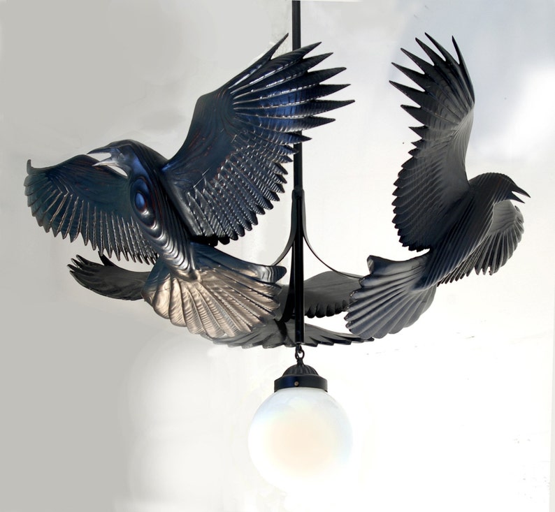 Raven Chandelier wood sculpture by Jason Tennant, Hand carved woodcarving and steel image 1