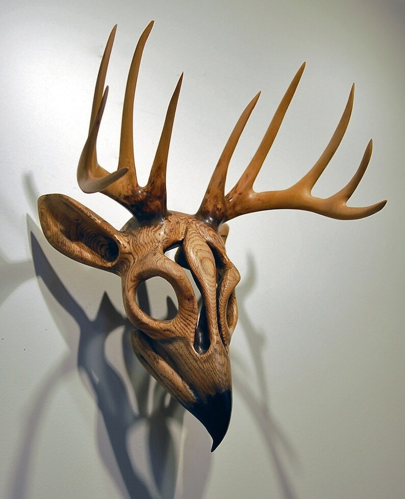 Antler Reverence For Prey Mask wood carving by Jason Tennant. Nature art, wildlife art image 1