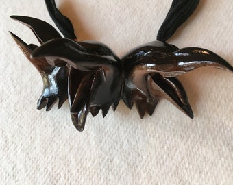 Laughing Crow Necklace - Carved from Walnut with a Black Lacquer Finish on Top by Jason Tennant