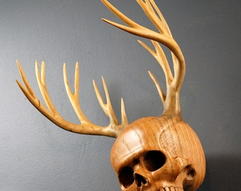 Antler Skull Wood carving and wooden antlers The Woodsman Urn by Jason Tennant.