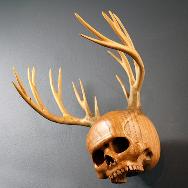 Antler Skull Wood carving and wooden antlers The Woodsman Urn by Jason Tennant.