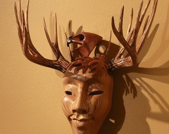 Greenman Mask wood sculpture antler