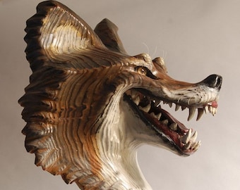 Grinning Coyote Mask, woodcarving by Jason Tennant,