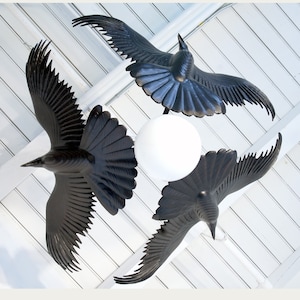 Raven Chandelier wood sculpture by Jason Tennant, Hand carved woodcarving and steel image 2