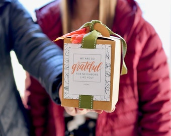 Gratitude Neighbor Gifts for Thanksgiving: Ribbon-Wrapped Box Tags and Treat Tents