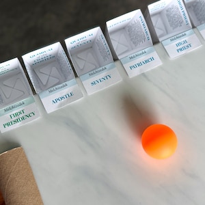 May include: An overhead shot shows a series of white, open-top boxes with printed text, including "First Presidency," "Apostle," and "Seventy." An orange ball sits near the boxes on a white surface. The boxes have blue text.