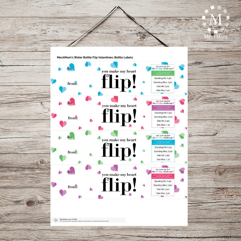 Water Bottle Flip Printable Valentines for Boys and Girls 