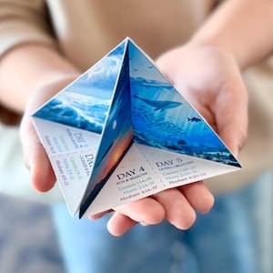 May include: A multi-sided paper craft with ocean and sky illustrations. The artwork depicts whales, fish, and a sunset. Text on the sides reads "DAY 2", "DAY 4 SUN & SEASONS", and "DAY 5 LIVING CREATURES" with related biblical verses.
