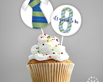 LDS Baptism Decoration - Cupcake Toppers or Stickers - It's Great to be Eight - Green and Blue Plaid Set