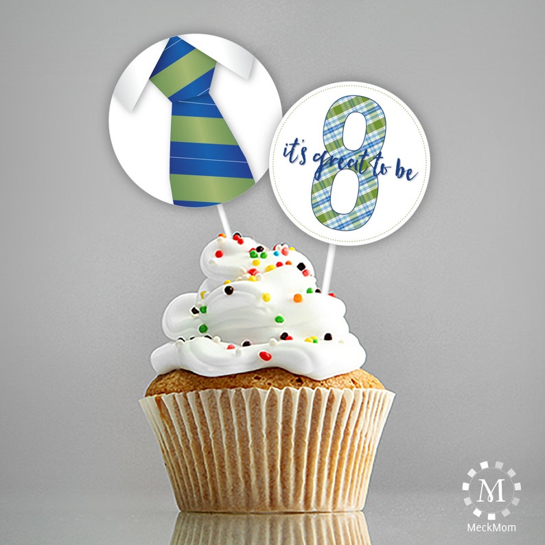 LDS Baptism Decoration Cupcake Toppers or Stickers It's Great to be Eight Green and Blue Plaid Set image 1