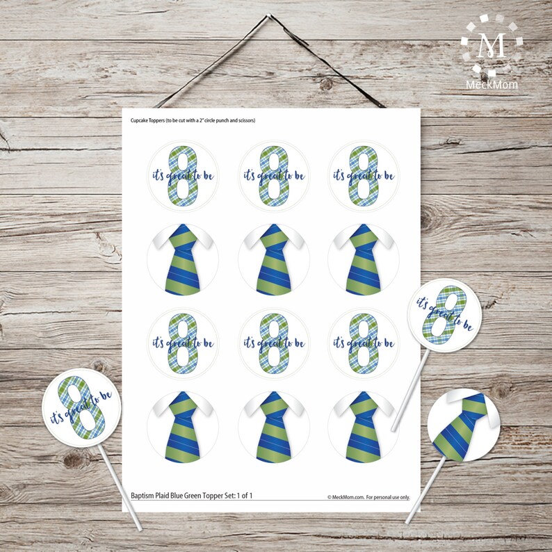 LDS Baptism Decoration Cupcake Toppers or Stickers It's Great to be Eight Green and Blue Plaid Set image 2