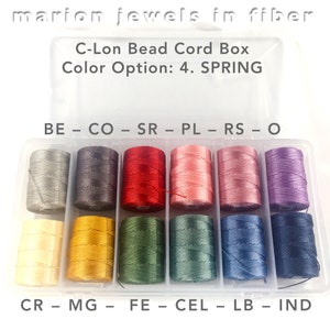 May include: A clear plastic box filled with spools of C-Lon bead cord in various colors. The box is labeled "C-Lon Bead Cord Box" and "Color Option: 4. SPRING". The colors of the cords are beige, gray, red, pink, light pink, purple, cream, yellow, green, teal, blue, and navy.