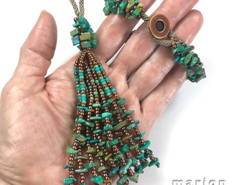 Turquoise Kumihimo Bracelet + Tassel with Chips Kit, C-Lon Bead Cord, and Size 8 Beads  - Braided Bracelet and Tassel Kit - Kumihimo Gift