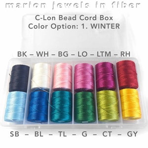 May include: A clear plastic box filled with spools of colorful C-Lon bead cord. The box is labeled "C-Lon Bead Cord Box" and "Color Option: 1. WINTER". The spools are labeled with abbreviations for colors, including black, white, pink, light pink, magenta, red, light blue, blue, teal, green, yellow, and gold.