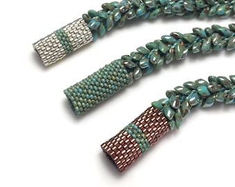 Kumihimo Bracelet with Long Magatamas Kit - Braided Bracelet with Peyote Sleeve over Clasp - Kumihimo Tutorial - Bracelet Kit - Turquoise