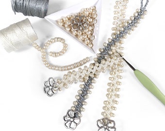 Bracelet Crochet DIY Kit - Turkish Flat Bead Crochet Bracelet with Miyuki Baroque Pearls, C-Lon Bead Cord and Italian Metal Buttons