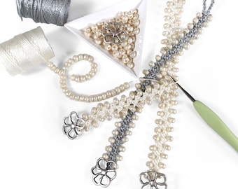 Bracelet Crochet DIY Kit - Turkish Flat Bead Crochet Bracelet with Miyuki Baroque Pearls, C-Lon Bead Cord and Italian Metal Buttons