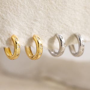 14K Gold Star Diamond Hoop Earrings, Celestial Huggie Earrings, Starburst Hoop Earrings, Sterling Silver Earrings, Cartilage Tragus Hoops