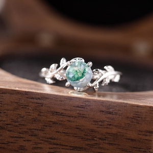 Moss Agate Engagement  Ring Green Moss Agate Promise Ring Leaf Nature Inspired Ring Solitaire Ring Travel Ring Art Deco Ring Anniversary