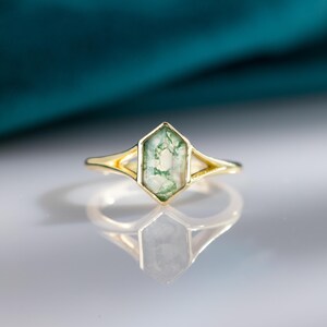 Vintage Hexagon Moss Agate Ring Unique Engagement Ring 925 Sterling Silver Ring Moss Gemstone Ring Natural Moss Agate Ring Gift for Her