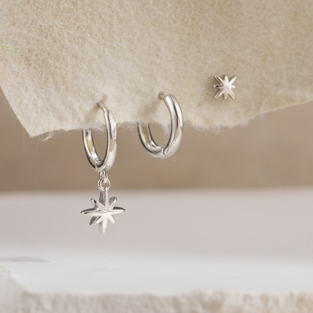 Silver Celestial Dangle Huggie Hoop Earrings Set (3 Pieces): 14K Gold Copper Star Cartilage Studs - Etsy Japan