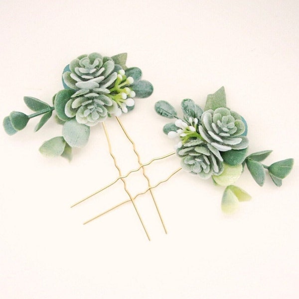 Eucalyptus succulent hair pins, Minimalist bridal clips