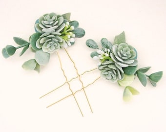 Eucalyptus succulent hair pins, Minimalist bridal clips