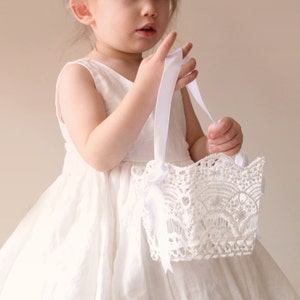 Lace flower girl basket, Flower girl basket white, Stiffened crochet image 1