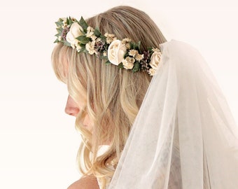 Bridal greenery rose crown, Flower hair crown, Rose and greenery, Ivory flower crown, Floral hair wreath, Boho bride crown