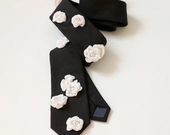 White Rose Floral Tie I Embellished Wedding Necktie