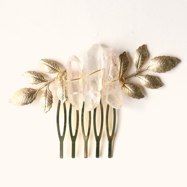 Raw crystal leaf comb, Bridal hair comb, Mini hair comb, Gold hair comb