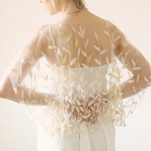 Gold leaf bridal coverup, Ceremony covering, Boho bridal shawl, Gold sequin tulle capelet