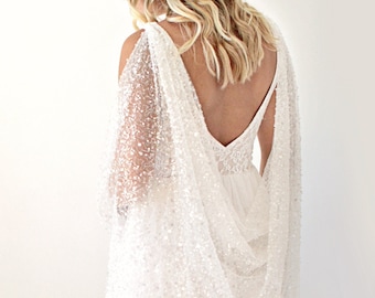 Sparkle drape cape, White sequin coverup, Back drape veil