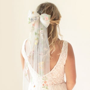 Botanical bow, Veil alternative, Unique veil, Embroidered flower veil, Bachelorette bow, party hair, Bridal shower hair
