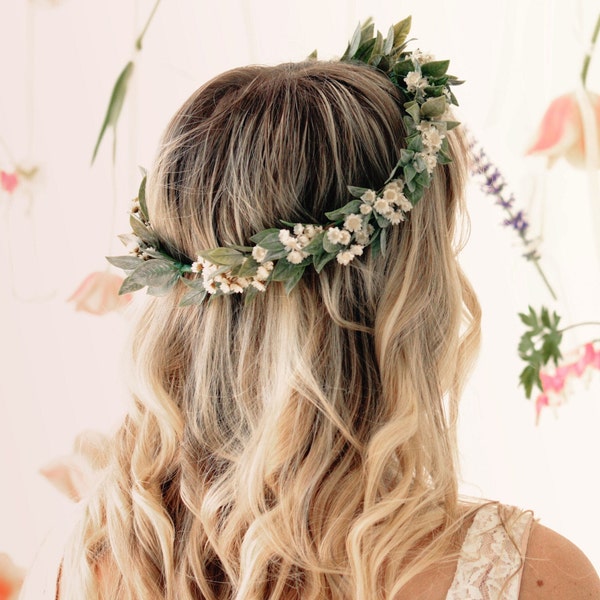 Greenery hair crown, Dried flower crown, Green and ivory, Bridal hair wreath
