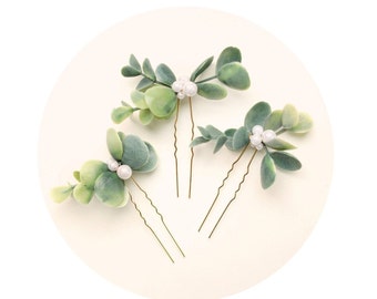 Eucalyptus pearl hair pins, Eucalyptus bridal hair pin set