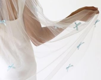Scattered Bows Bridal Veil, Soft Tulle Wedding Veil with Something Blue