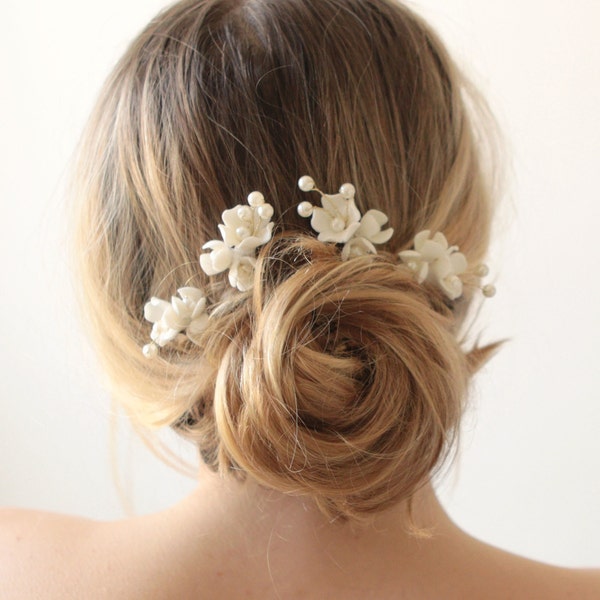 White porcelain flower hair pins, Pearl flower headpiece, Bridal hair clips