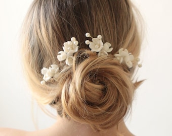 White porcelain flower hair pins, Pearl flower headpiece, Bridal hair clips