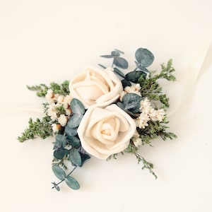 Eucalyptus wedding corsage, Mother of the bride flower, Green leaf tie-on ribbon