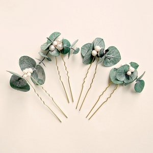 Eucalyptus pearl hair pins, Real eucalyptus bridal hair pin set image 5