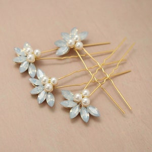 Opal pearl bridal hair pins, Wedding rhinestone hair clip set image 3