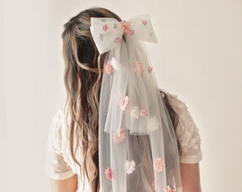 Flower tulle bow, Veil alternative, Unique veil, Pink flowers, Bachelorette party hair, Bridal shower hair, Elopement hair, White tulle bow