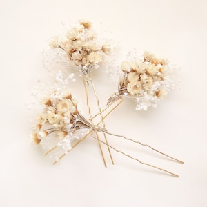 Dried babys breath flower hair pins, Dried floral clips, Ivory flower pins