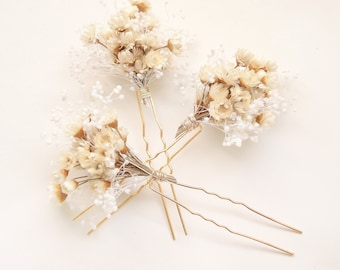 Dried babys breath flower hair pins, Dried floral clips, Ivory flower pins