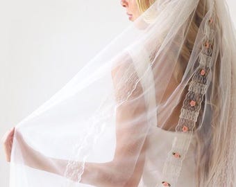 Lace Stripe Bridal Veil I Tulle Wedding Veil with Pink Roses