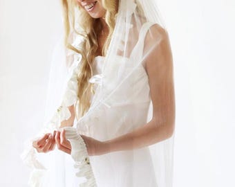 Ivory Bridal Veil with Satin Ruffle and Rose Trim – Flowy Wedding Accessory